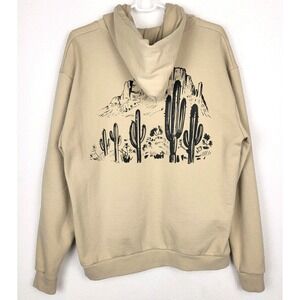 Desert Cactus Landscape Hoodie Mens L Sand Beige Graphic Cotton Sweatshirt